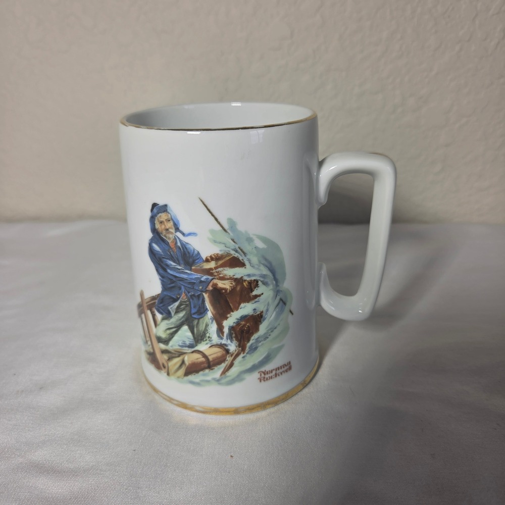 Norman Rockwell Museum Braving The Storm 1985 Sailor Mug Gold Trim White